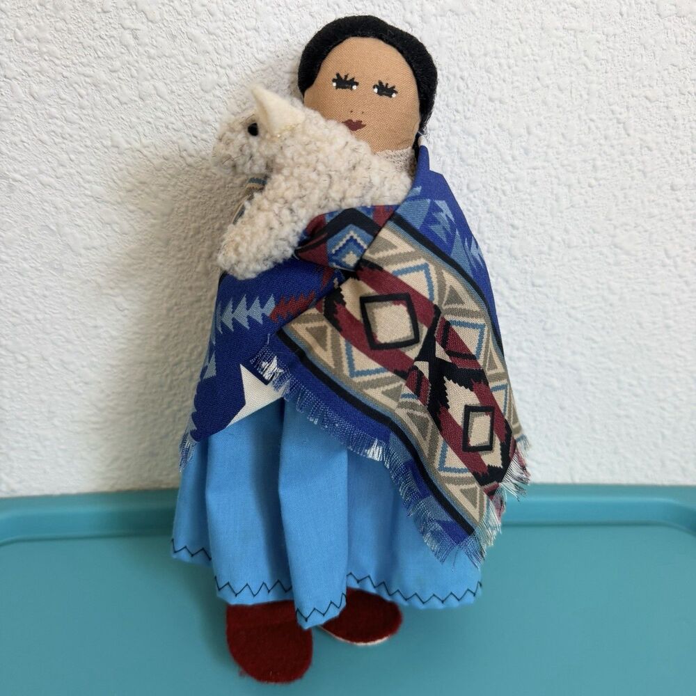 Vintage Handmade Native American Cloth Doll w Lamb Signed Folk Art Navajo Style